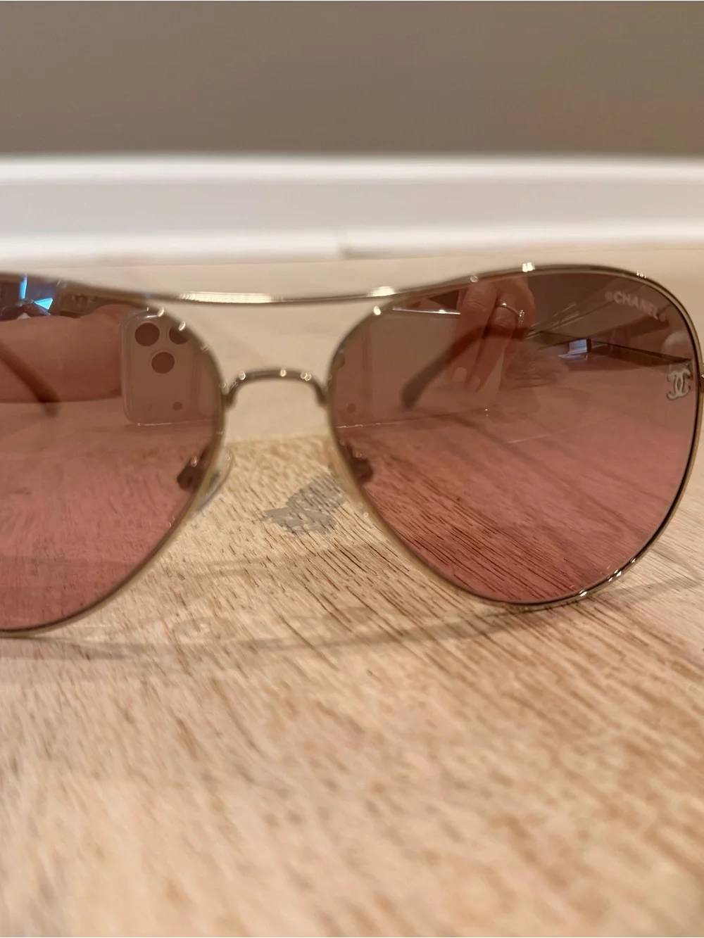 CHANEL Authentic Gold Frame Sunglasses with Rose Lenses